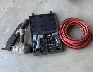 Pneumatic chisel, ratchet set with hose and carpenter’s framing gun.