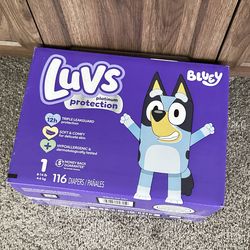Baby Diapers Luv’s Bluey Sz 1, Qty 116, New Sealed Box