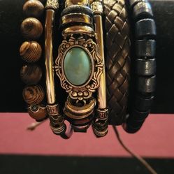 4pcs Vintage Western Style Bracelet Set Turquoise & Wooden Beads