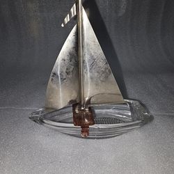 Vintage SAILBOAT Boat w Metal Sail Candy Container Glass Figural