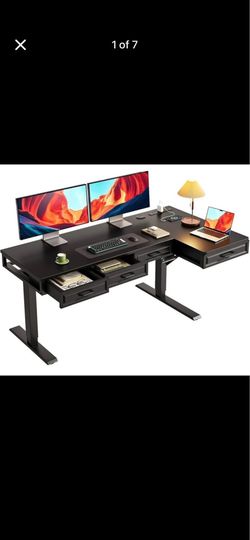55” L Shaped Electric Standing Desk with Wooden Drawers – Black – New