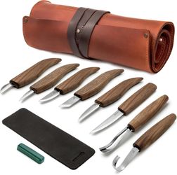 BeaverCraft S18X Deluxe 8-Piece Wood Carving Knife Set w/ Genuine Leather Roll