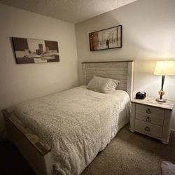 Full Bed Frame, Mattress and end table. 