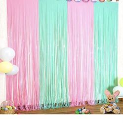 LOLStar 2 Pack Easter Theme Foil Fringe Curtains Easter Party Decorations 3.3x8.2 ft Pink and Light BlueTinsel Curtains Colorful Photo Booth Prop Stre