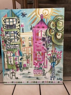 Canvas Wall Art, . Brightly Colored Cute Cafe Scene. 