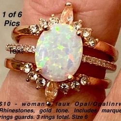 Woman’s Faux Opal/opaline w/Rhinestones Jewelry Gold Tone.Includes 2 Marquee Rings Guards Total Rings - 3