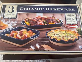 3 Piece Ceramic Navy Blue Bake Set Mint In Box 