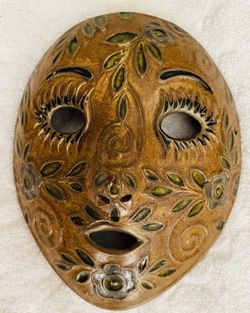 Mask-vintage-solid brass-wall hanging-hand painted enamel-raised flowers&leaves-