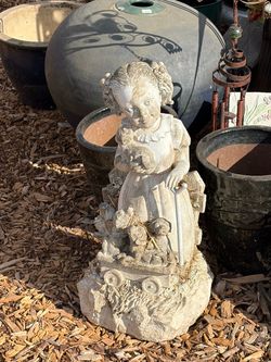 Concrete Garden Girl Statue with Flowers