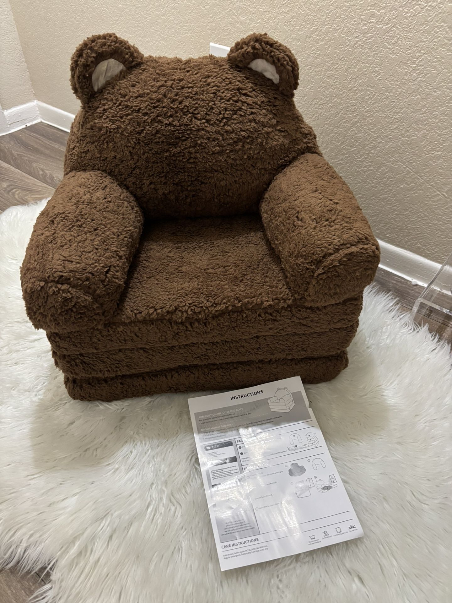 Foldable Kids Sofa, Sherpa Teddy Bear Toddler Couch with Tri Folding Foam Cushions, Comfy Couch for Kids Age 18 Months and Up