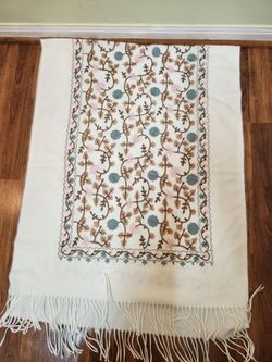 Embroidered Floral Wrap Shawl with Fringe