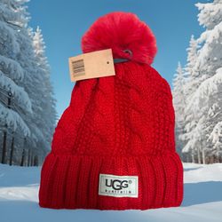 UGG Australia Cable Knit Red Beanie With Faux Fur Pom-Pom Fleece Lining Logo