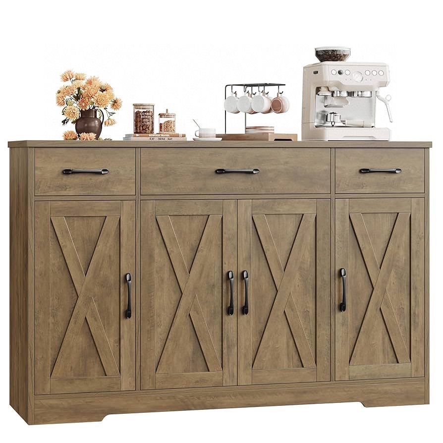Buffet Sideboard Cabinet with Drawers, 55" Large Buffet Storage Cabinet with Shelves and Doors, Modern Farmhouse Coffee Bar Station Wood K