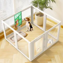 FXW AuraSpace Clear Acrylic Indoor Dog Playpen, 35" H, 8 Panels, White Open View, Modern Home Fit, No Climbing Bars, Tool-Free Setup, For Medium Dogs