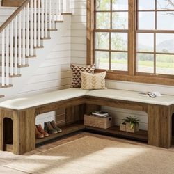 QL0008 47" L-Shaped Corner Bench with Cushion, Farmhouse Breakfast Nook Bench, Wood Storage Bench for Kitchen, Dining Room & Entryway, Rustic Brown