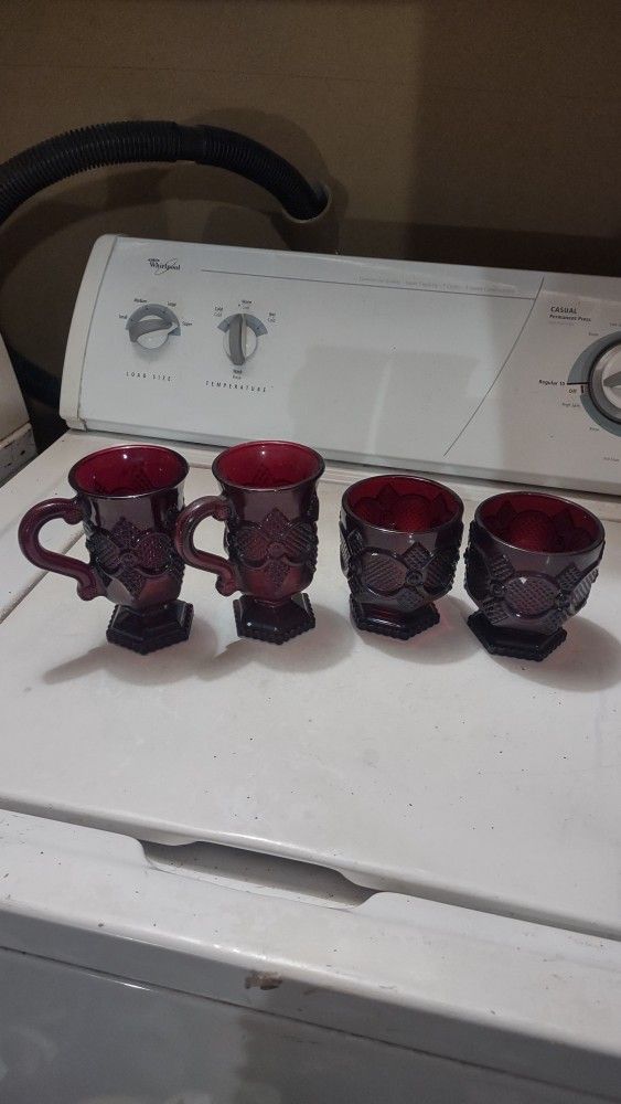 Vintage Avon Cape Cod Ruby Red 2 Pedastole Mugs With Handles And Two Glass Whiskey Tumblers
