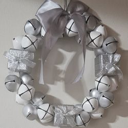 Silver & White Sleigh Bells Holiday Package Wreath Decoration 9 Inch