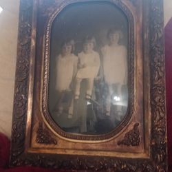 Large Old Photograph Bubble Glass Antique Wooden Frame