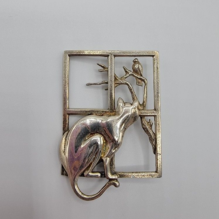 Vintage Signed MFA Sterling Silver Cat Brooch/Pendant