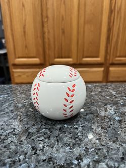 Ceramic Baseball Theme Trinket Box.  Size approximately 3 inches tall.  Brand new never used.  Was on display in a cabinet with a baseball collection.