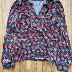 【GAMMA】 Retro Checkered V-neck High-Waisted Long-Sleeved Shirt - Size 36 • Brand: GAMMA • Size: 36 • Color: Red, Brown, Gray Checkered Pattern • Fit: 