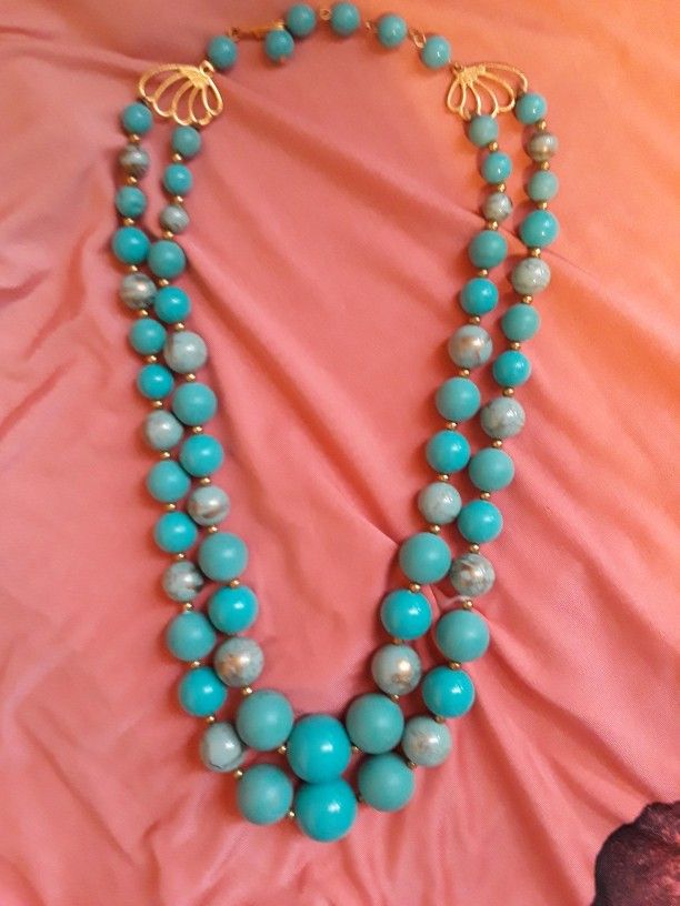 Butterfly Turquoise And Gold Beaded FASHION Necklace Small Gold Bead Separators Double strand