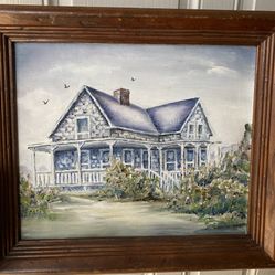 🌿Adorable cottage core painting on canvas with vintage wood frame