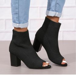 Peep Toe Booties for Women Knit Pointed Toe Chunky Block Heels Breathable Sandals Summer Casual Slip On Dress Sock Booties US 9.5