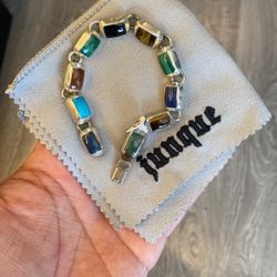 .925 Sterling Silver Multi Gemstone Link Bracelet Sz 7.5”