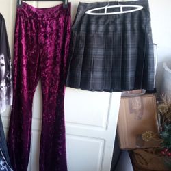 VELVET BELL BOTTOMS AND PLAID SKIRT $5 EACH 