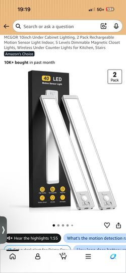 10inch Under Cabinet Lighting, 2 Pack Rechargeable Motion Sensor Light Indoor, 5 Levels Dimmable Magnetic Closet Lights, Wireless Under Counter Lights