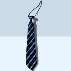Pre-Tied Navy Striped Tie: Features classic light blue and white diagonal stripes on a navy background.