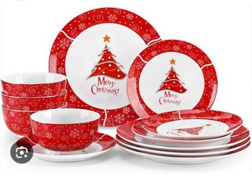 VEWEET Christmas Plates and Bowls Set for 4, 12 PCS Porcelain