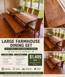 Large Farmhouse Dining Set | 94.5” Table, Bench & 6 Chairs