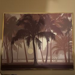 Letterman Painting Art “Sunset Over Tropical Palm Trees” Vintage 1970’s Large Framed 50 X 62