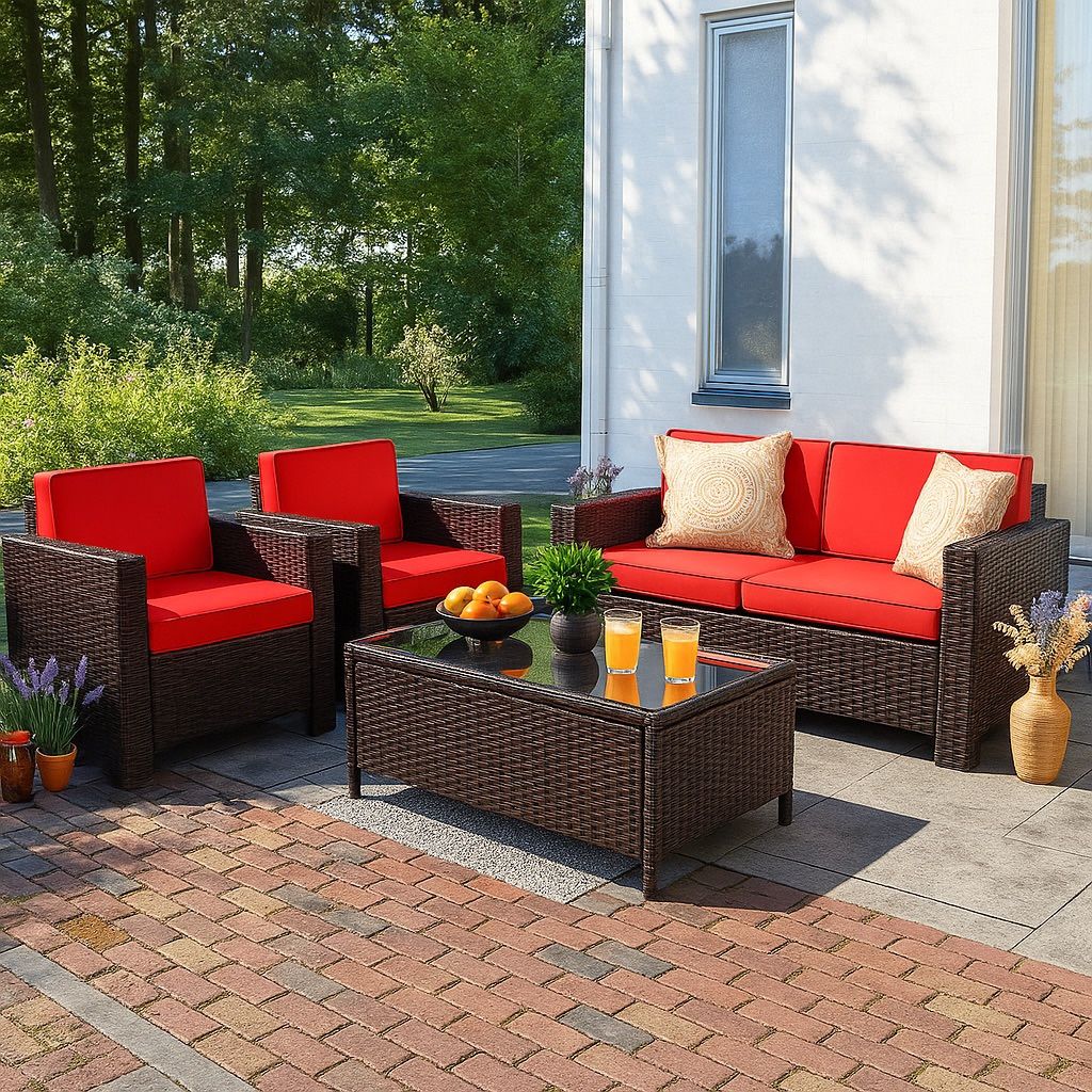 New 4 Pieces Patio Furniture Sets Rattan Chair Wicker Conversation Sofa Set Outdoor Backyard Porch Garden Poolside Balcony Use Furniture New in box t