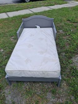 Grey Wood Toddler Bed w/ crib mattress