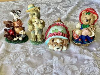 4 Vtg. 1990s Resin Textured Figurines Teddy Bears Kitten Dog PRICE IS FOR ALL