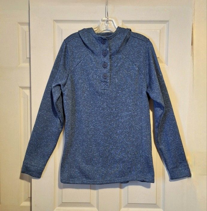 Columbia fleece lined knit button pullover hoodie, blue heathered, Sz. XL