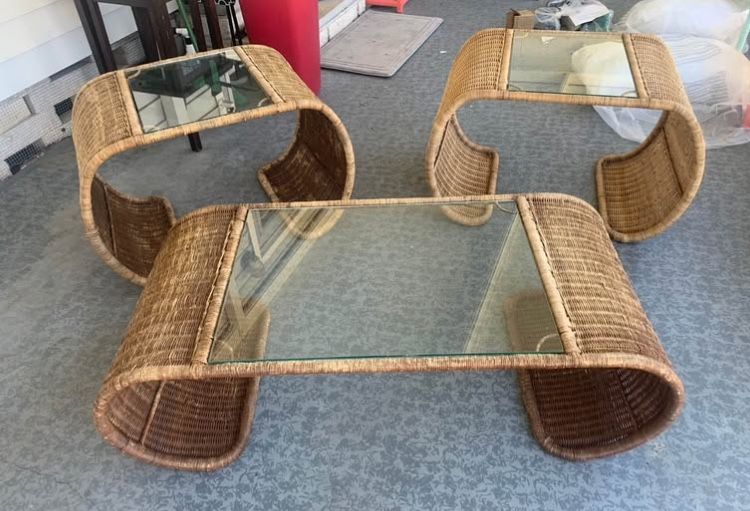 Beautiful Vintage Wicker Scroll Ming Tables With Glass Top