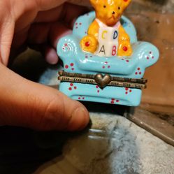 Mini Red And Blue Polka Dotted Chair Bear Sitting With Abc Blocks Trinket Box 