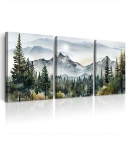 Large 3-Piece Mountain Forest Canvas Wall Art Set – 60” x 28” – New