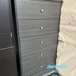 New Assembled Jumbo Tall Grey 5 Drawer Chest Dresser 