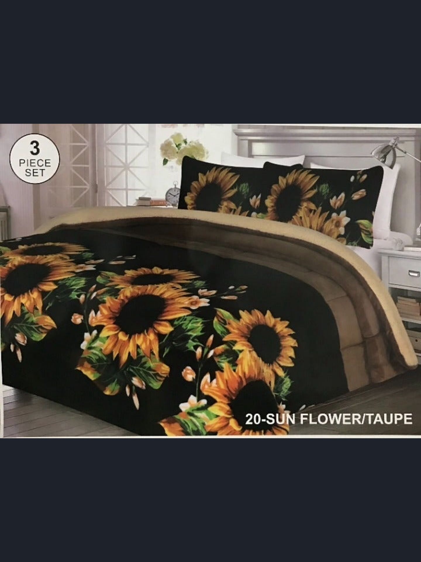 Brand New Modern Black Yellow Brown Sunflower Beige Super Soft Thick Warm Borrego Sherpa 3 Piece Bed Blanket Set King Size