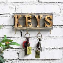 New 4 Hook Gray Wooden Wall Mounted Brass Key Holder, Entryway Storage Rack with KEYS Block Letters