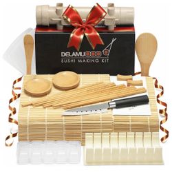 Delamu Sushi Making Kit, 20 in 1 Bazooka Roller Kit with Chef’s Knife, Bamboo Mats, Rice Mold, Temaki Sushi Mats, Rice Paddle, Spreader, Chopsticks, S