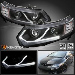 Black Fits 2006-2011 Honda Civic 2DR Coupe LED Tube Projector Headlights Lamps