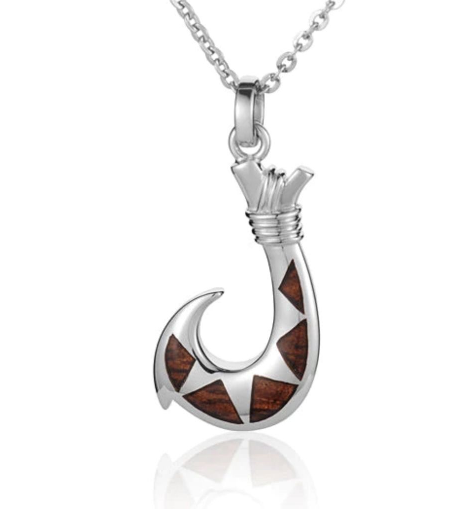 Sterling Silver Fish Hook with Koa Wood Inlay Pendant 