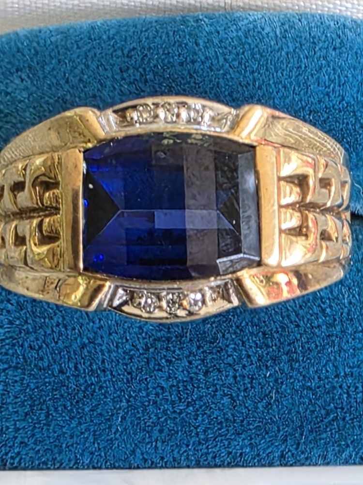 10k Men's Ring with Blue Stone And Diamonds Ring Size 10