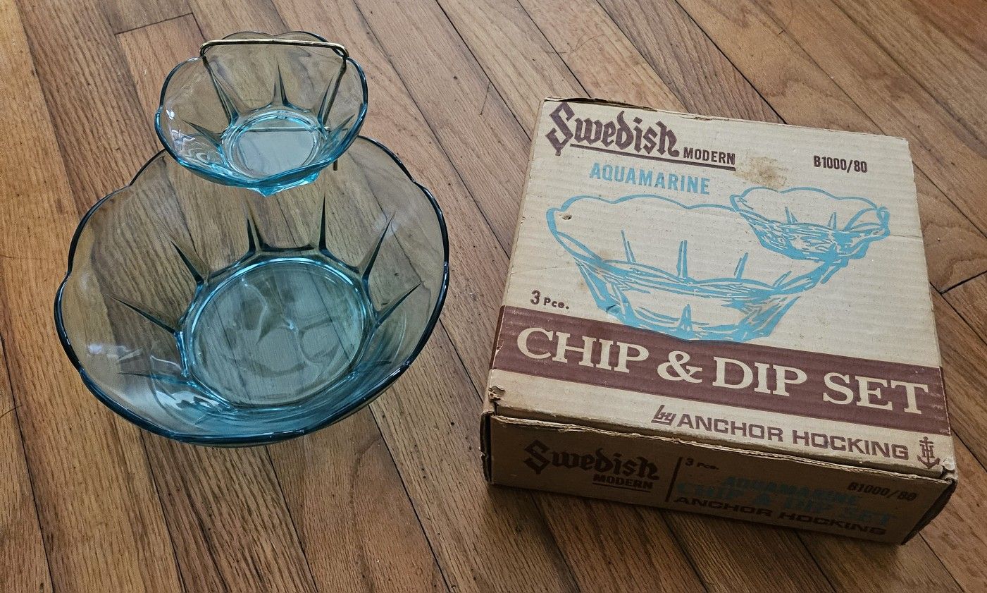 Vintage New Old Stock Anchor Hocking Swedish Modern Aquamarine 3 Piece Chip And Dip Set In Original Box